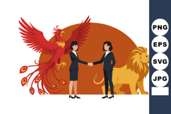 Phoenix and lion with businesswomen shaking hands illustrati Product Image 1