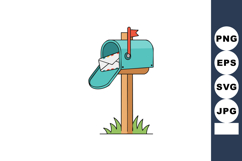 Blue Mailbox with Open Door and Envelope on Wooden Post in G Product Image 1