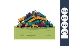 Stack of yellow and green dump trucks in pile on green grass Product Image 1