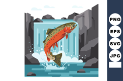 Rainbow trout jumping in waterfall river with rocky landscap Product Image 1