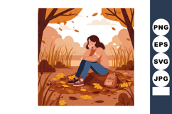 Young woman sitting in autumn forest surrounded by fallen le Product Image 1