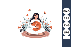 Woman Sitting Cross Legged Hugging Fox Surrounded by Flowers Product Image 1