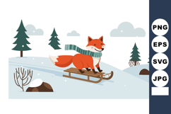 Fox sledding on snowy hill in winter landscape with pine tre Product Image 1