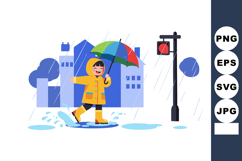Child walking in rain with colorful umbrella and yellow rain Product Image 1