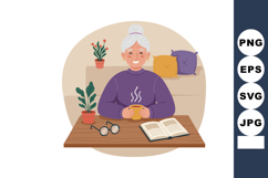 Elderly woman drinking tea and reading book in cozy home env Product Image 1