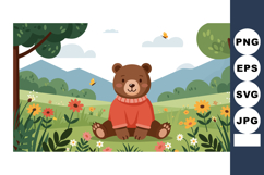 Cute brown bear sitting in colorful flower meadow with mount Product Image 1