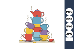 Colorful stacked teapots and steaming teacups vector illustr Product Image 1