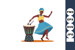 African woman dancing and drumming in traditional clothes wi Product Image 1