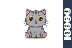 Cute gray tabby cat sitting adorable cartoon style with big Product Image 1