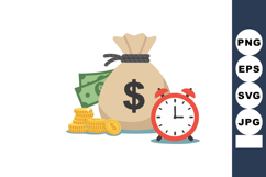 Money bag with coins and cash bills next to red alarm clock Product Image 1