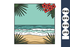 Tropical beach scene with ocean waves and red flowers vector Product Image 1