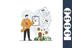 Businessman holding giant pencil filling tax forms with mone Product Image 1