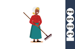 Elderly woman holding garden rake standing smiling in red sh Product Image 1