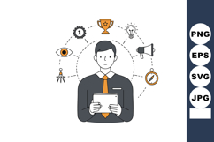 Businessman holding tablet surrounded by icons of achievemen Product Image 1