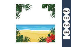 Tropical beach frame with green palm leaves and red hibiscus Product Image 1