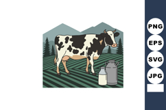Cow with milk cans on rural farm field with pine trees and m Product Image 1