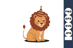 Cute sitting lion wearing party hat cartoon style vector ill Product Image 1