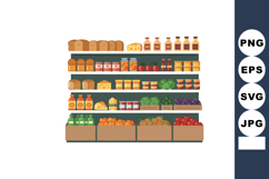 Grocery store shelves with fresh bread cheese vegetables jar Product Image 1