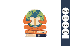 Earth globe character reading book sitting on stack of books Product Image 1