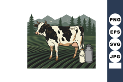 Cow standing in green field with milk cans and pine trees un Product Image 1