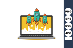 Rocket launch concept with laptop screen showing three rocke Product Image 1