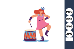 Woman playing drum with mallets in pink dress and purple boo Product Image 1