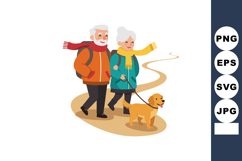 Elderly couple walking dog on path wearing winter scarves an Product Image 1