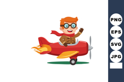 Boy pilot flying vintage red airplane in cartoon vector illu Product Image 1