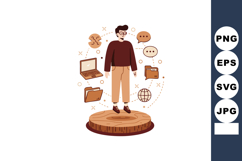 Man standing on wooden platform surrounded by business icons Product Image 1