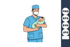 Male nurse holding newborn baby in hospital scrubs and mask Product Image 1