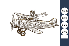 Vintage biplane with pilot flying retro propeller aircraft v Product Image 1