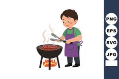 Boy grilling steak on barbecue wearing purple apron green sh Product Image 1
