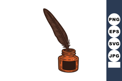 Vintage brown feather quill pen with ink bottle vector illus Product Image 1