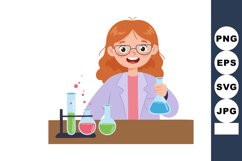 Young female scientist with glasses conducting colorful chem Product Image 1