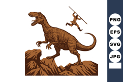 Dinosaur and hunter with spear attacking prehistoric rocky l Product Image 1