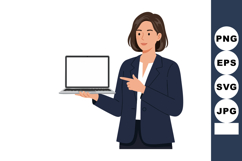 Businesswoman in navy blazer holding laptop pointing at scre Product Image 1