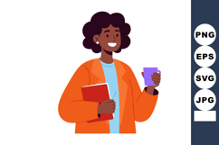 Woman holding book and purple cup smiling in orange jacket v Product Image 1