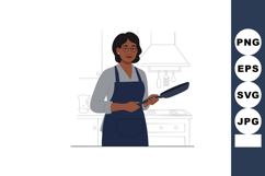 Woman Cooking in Kitchen Holding Frying Pan Wearing Apron an Product Image 1