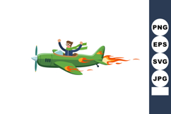 Man flying green vintage airplane with flames retro pilot il Product Image 1