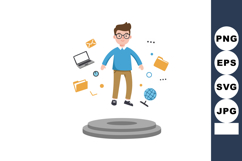 Young man surrounded by floating office icons and globe in v Product Image 1