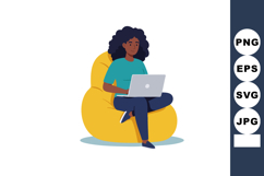 Woman Sitting on Yellow Bean Bag Chair Working on Laptop in Product Image 1