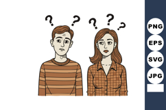 Confused man and woman with question marks above heads in ca Product Image 1