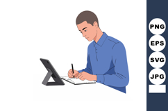 Young man in blue shirt writing notes using tablet and noteb Product Image 1