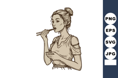 Young woman eating Asian food with chopsticks hand drawn sty Product Image 1