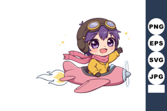 Cute child pilot flying pink airplane cartoon character with Product Image 1