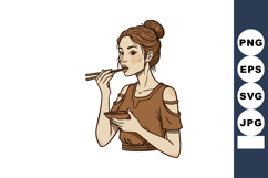 Young woman eating Asian food with chopsticks in casual brow Product Image 1