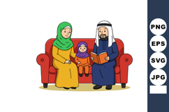 Muslim family sitting on red sofa reading book together vect Product Image 1