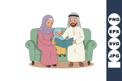 Middle Eastern Family Reading Book Together on Sofa with Chi Product Image 1