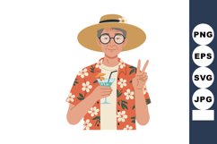 Elderly man in floral shirt with summer hat holding cocktail Product Image 1