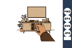 Hand Holding Remote Control Pointing at Television in Cozy L Product Image 1
